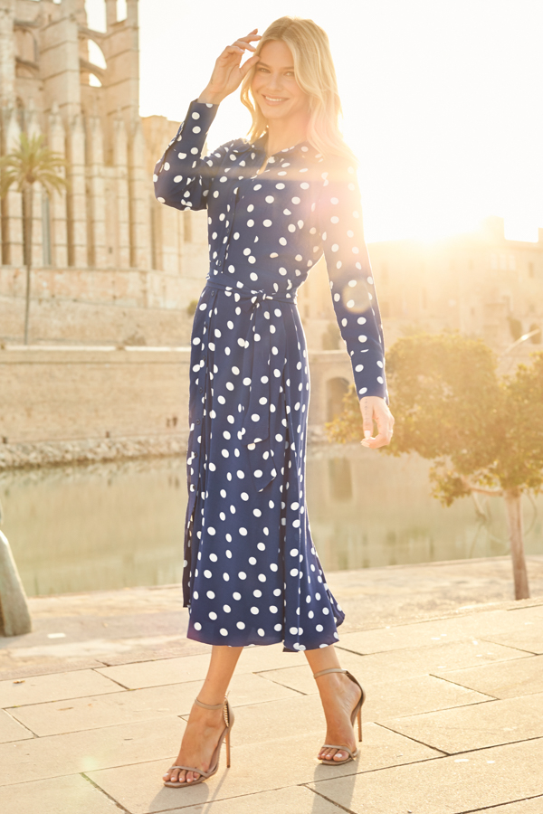 Navy Blue & White Spot Print Belted Midi Shirt Dress