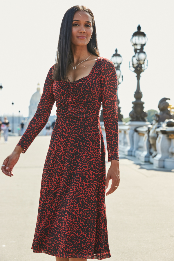 Red Leopard Print Square Neck Midi Jersey Dress