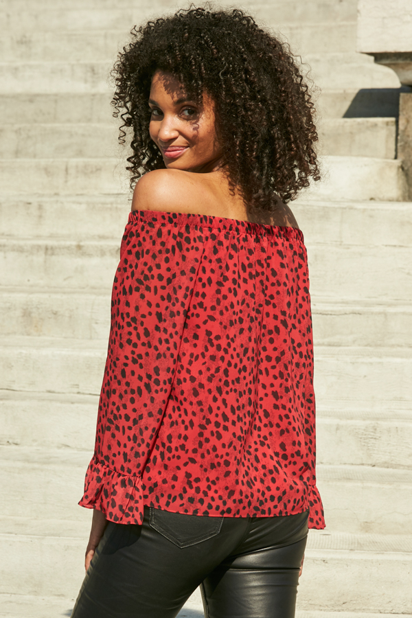 Red & Black Animal Print Sheer Sleeve Bardot Top