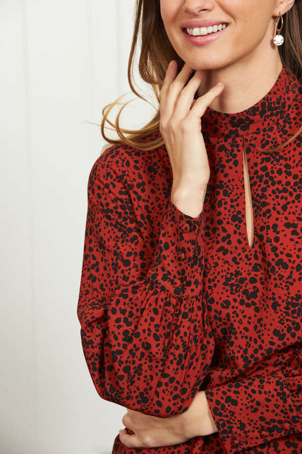 Red & Black Spot Print Keyhole Detail Relaxed Fit Top