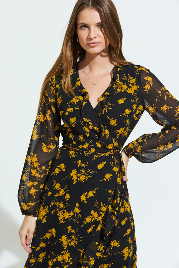 Black & Gold Floral Ruffle Detail Wrap Dress