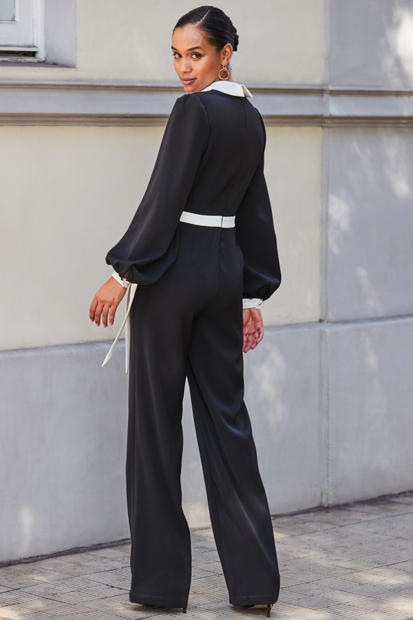 Black & White Contrast Trim Wrap Front Jumpsuit