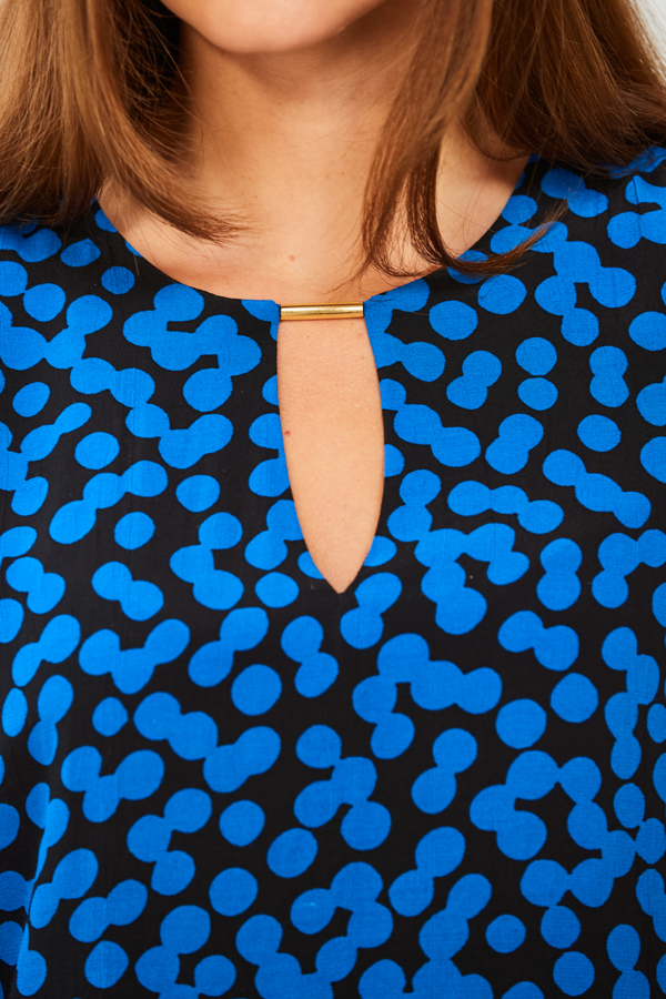 Blue & Black Spot Print Tab Detail Shift Dress
