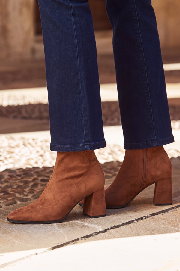 Tan Faux Suede Block Heel Ankle Boots