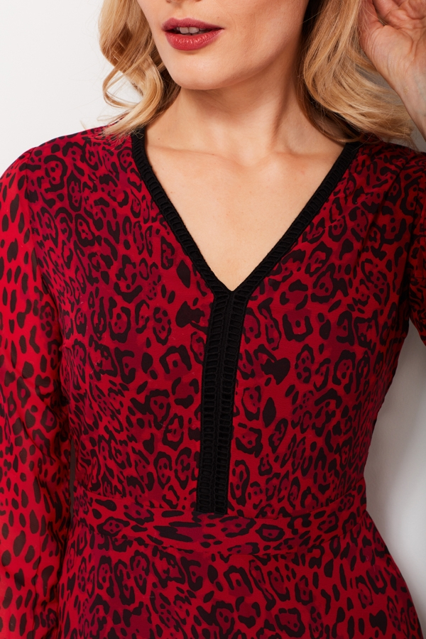 Red Leopard Print V Neck Dress