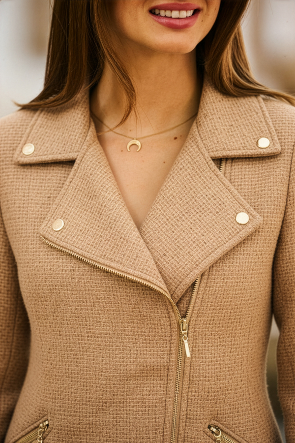 Camel Boucle Biker Jacket With Gold Zip Detail