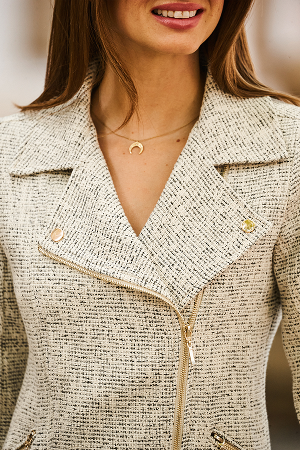 Natural Boucle Biker Jacket With Gold Zip Detail