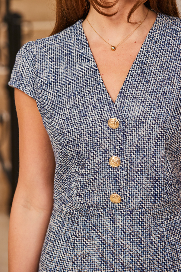 Navy Blue Boucle Button Detail Shift Dress