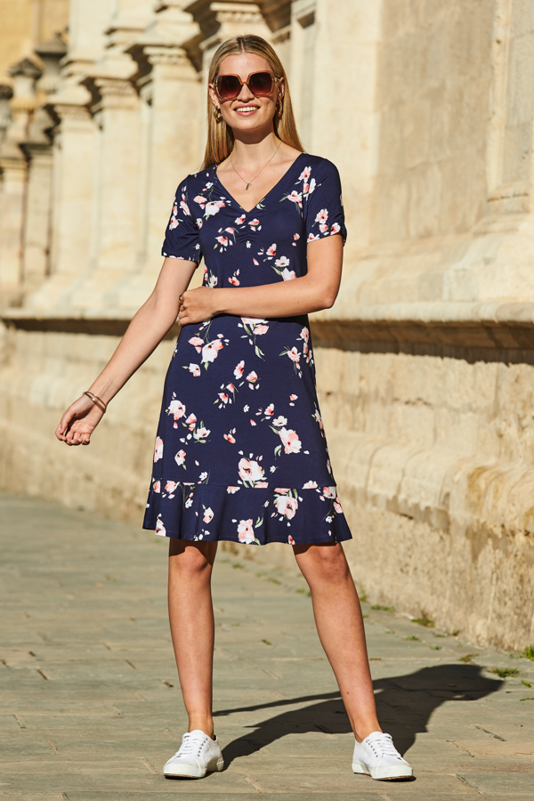 Navy Blue Floral Print Short Sleeve Fit & Flare Jersey Dress