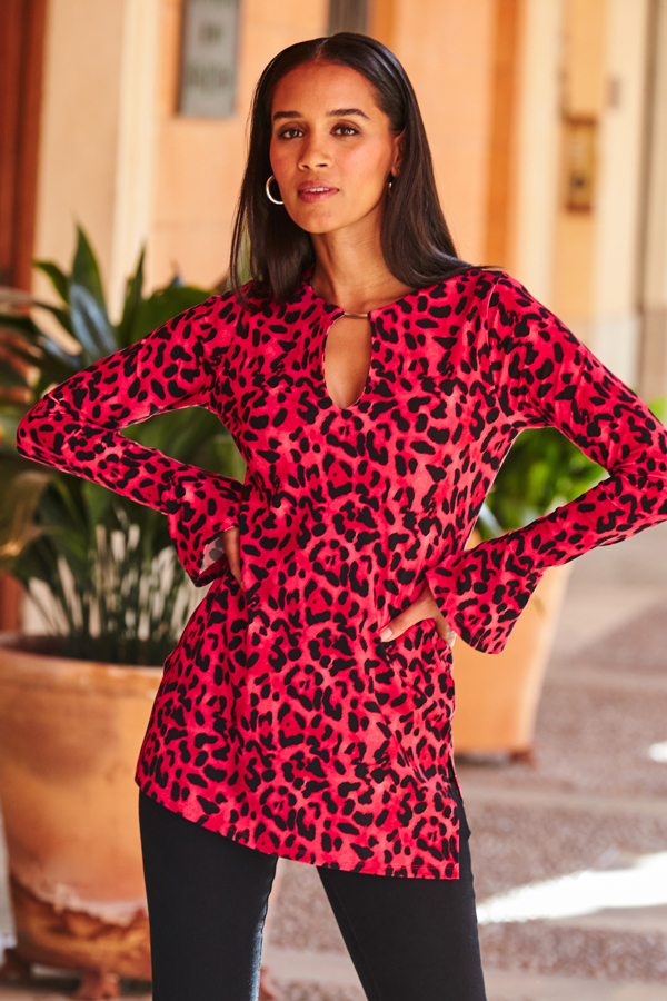Hot Pink Leopard Print Gold Bar Detail Jersey Tunic