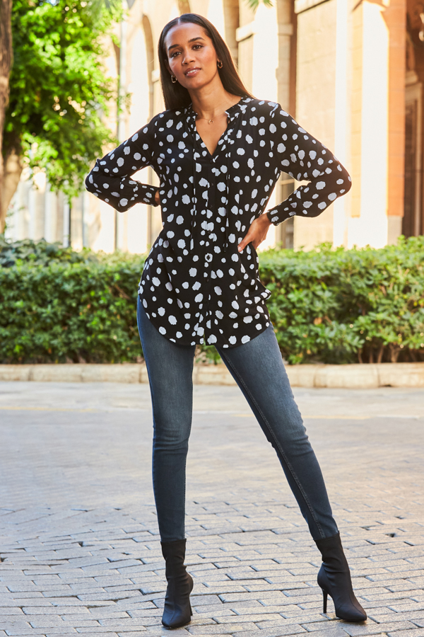 Black & Blue Spot Print Tie Neck Blouse