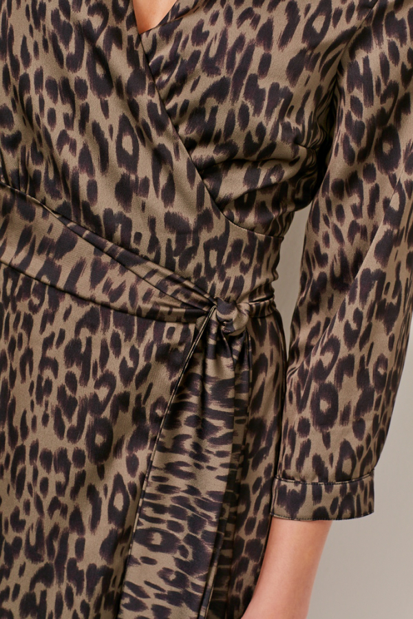 Khaki Leopard Print Wrap Dress