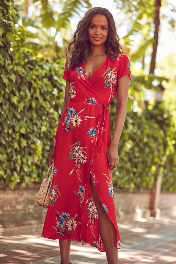 Red Floral Print Split Front Maxi Dress