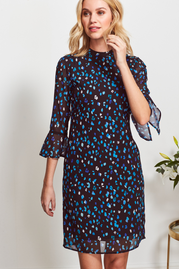 Blue & Black Fleck Print Fluted Cuff Shift Dress