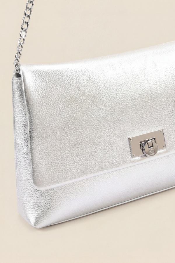 Silver Leather Large Clutch Bag