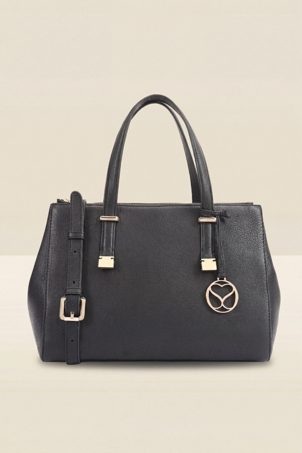 Black Leather Tote Bag With Cross Body Strap