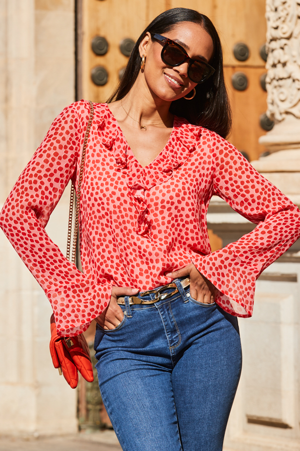 Pink Spot Print Ruffle Sleeve Fluted Cuff Blouse