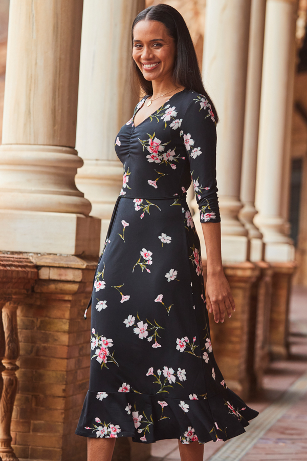 Black & White Floral Print Jersey Midi Dress