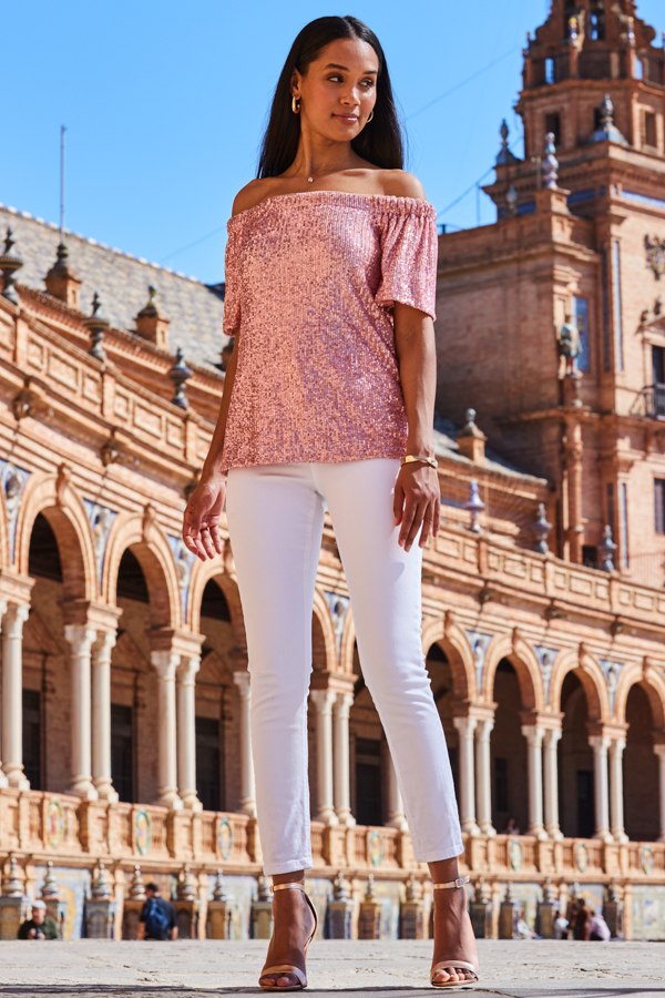 Pink Sequin Bardot Short Sleeve Top