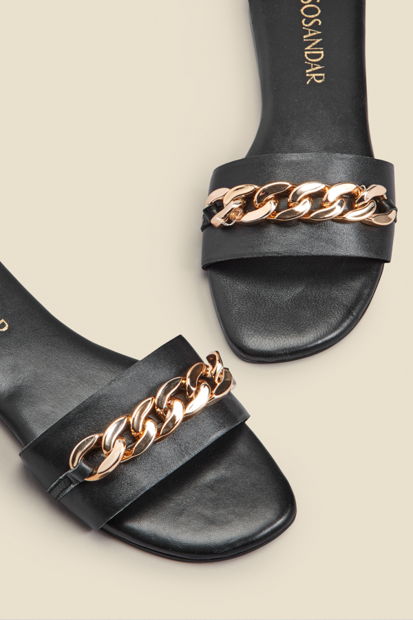 Paradiso Black Chain Detail Flat Leather Mule Sandals