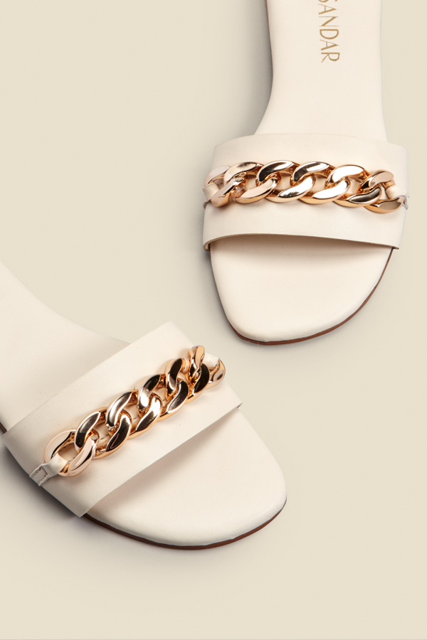 Paradiso Ecru Chain Detail Flat Leather Mule Sandals