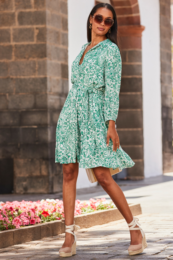 White & Green Baroque Print Crinkle Shirt Dress