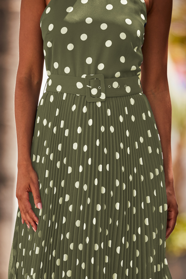Sage Green & White Spot Print Pleated Halter Neck Dress