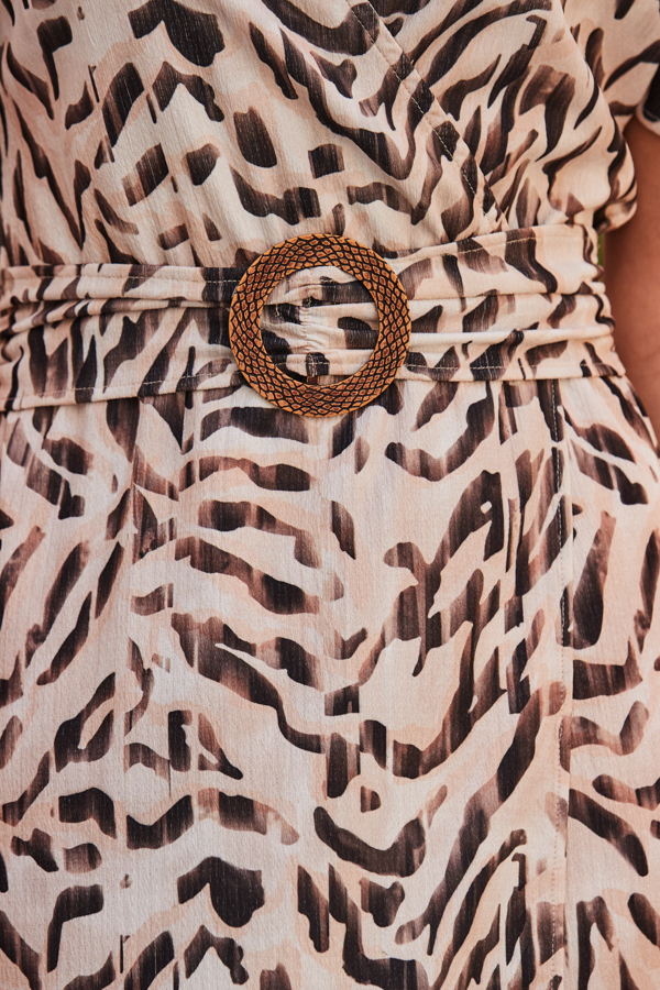 Natural Animal Print Flutter Sleeve Belted Wrap Jersey Dress