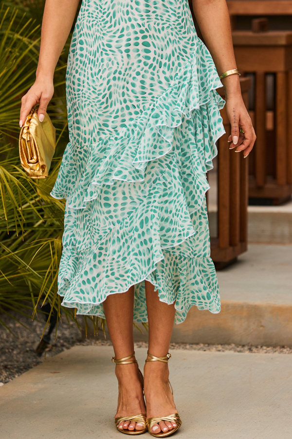 Petite Green Abstract Print Layered Hem Angel Sleeve Maxi Dress