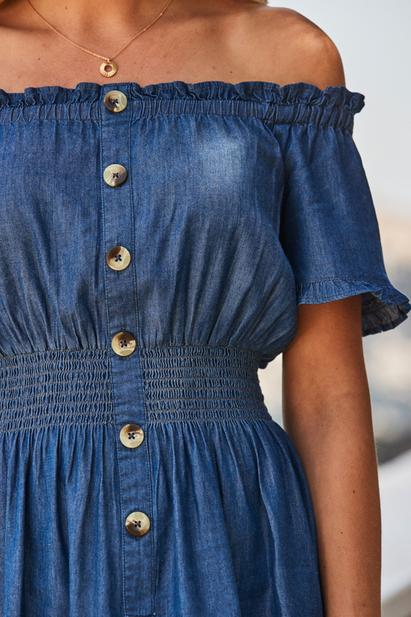 Dark Indigo Shirred Waist Bardot Denim Dress