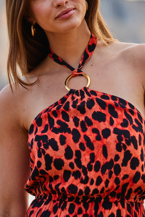 Red Leopard Print Halter Neck Sunshine Dress