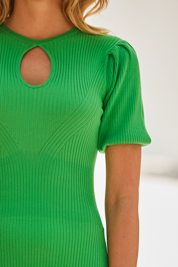 Green Keyhole Rib Knit Fit & Flare Midi Dress
