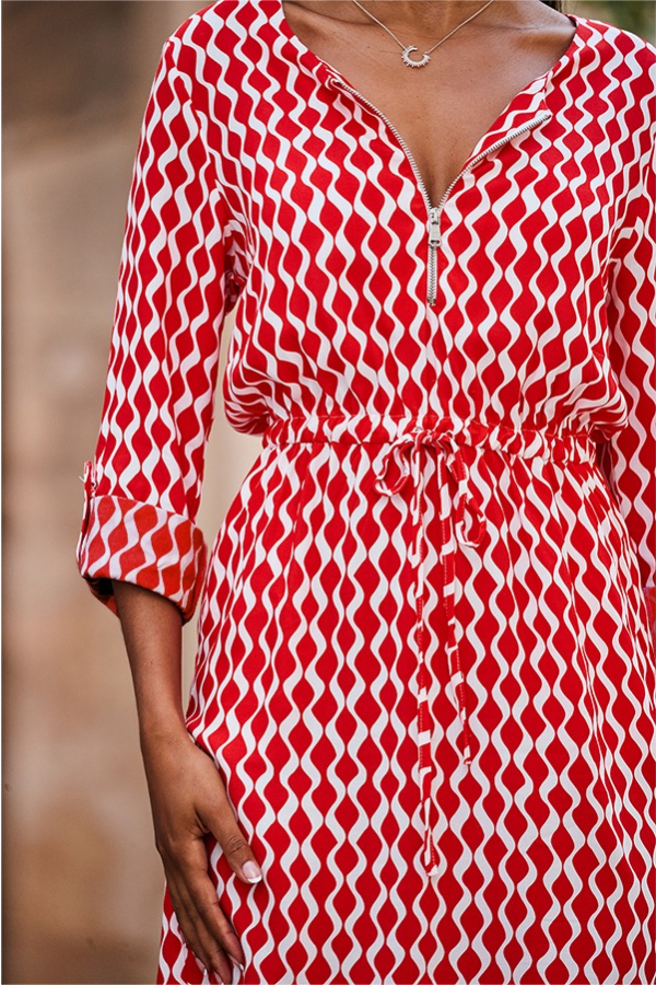 Red Geometric Print Tie Waist Dress