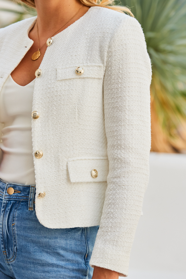 White Boucle Collarless Jacket With Gold Button Detail