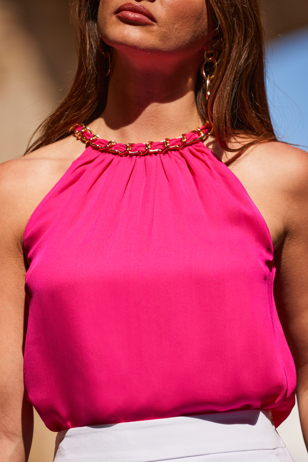 Hot Pink Chain Trim Halter Neck Top