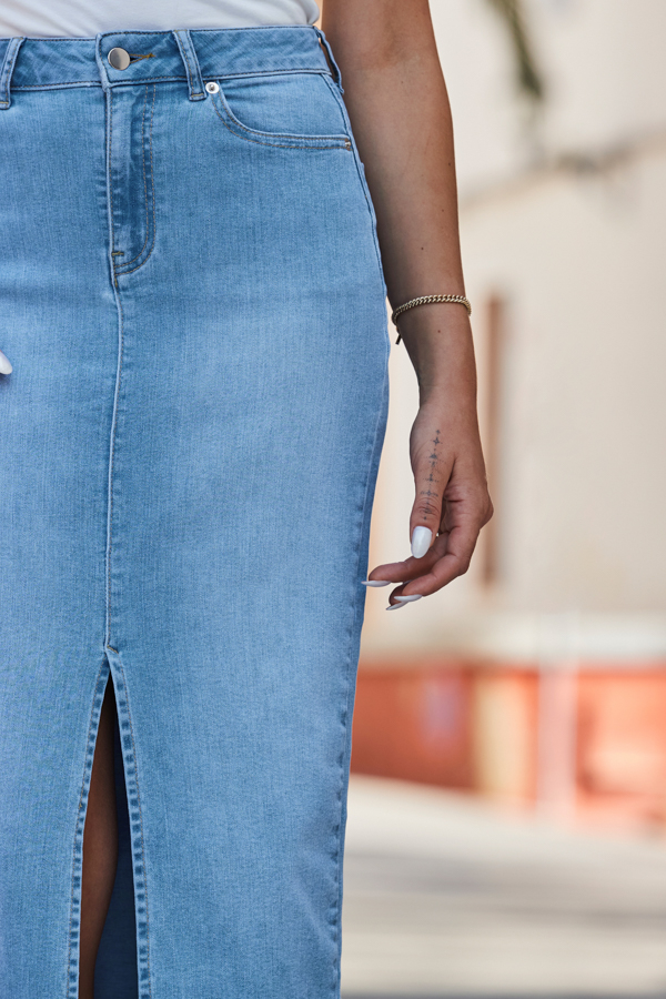 Light Wash Longline Denim Midi Skirt