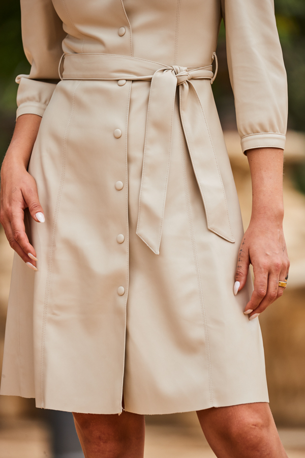 Ecru Faux Leather Fit & Flare Popper Front Shirt Dress