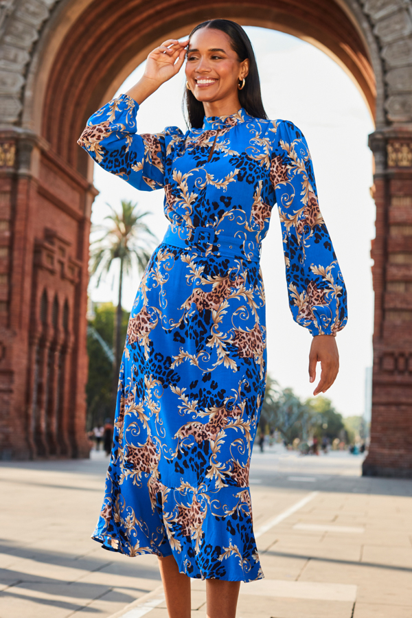 Blue Baroque Print Keyhole Detail Belted Fit & Flare Dress