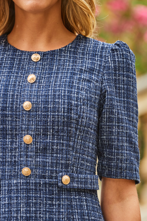 Navy Blue Boucle Peplum Hem Shift Dress