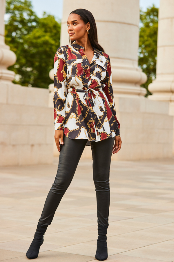 Black Multi Print Satin Utility Tie Waist Shirt