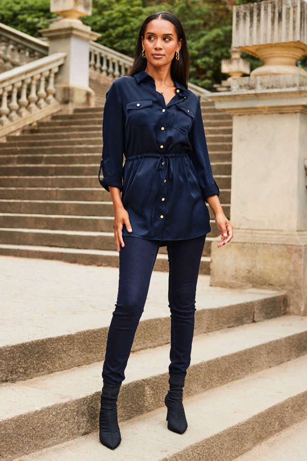 Navy Blue Satin Utility Tie Waist Shirt