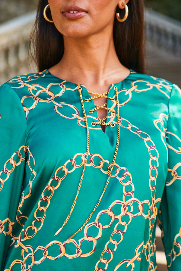 Teal Chain Print Lace Front Longline Tunic Top
