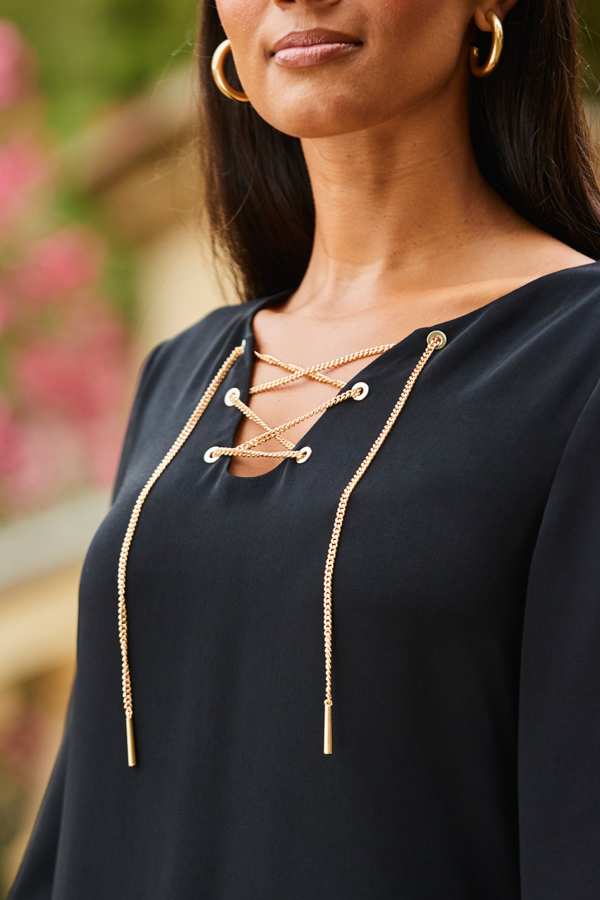 Black Chain Lace Up Shift Dress