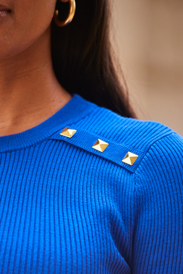 Cobalt Blue Rib Knit Gold Stud Detail Jumper