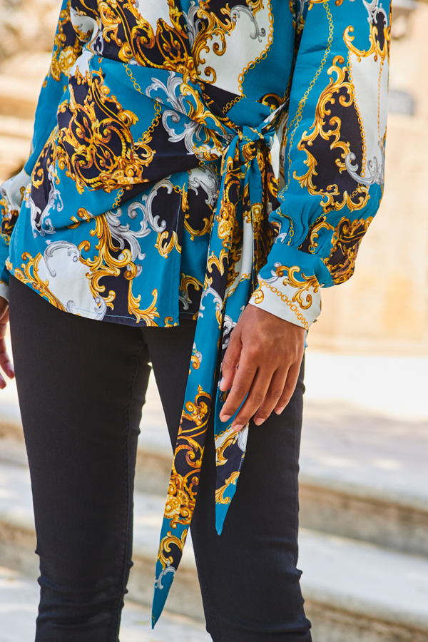Teal Multi Print Wrap Front Top