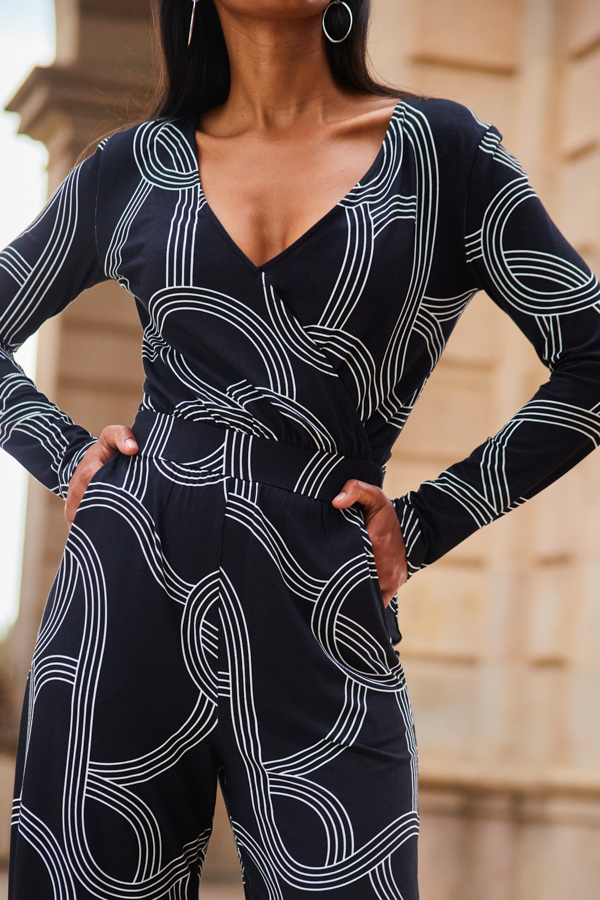 Black Geometric Print Faux Wrap Front Jumpsuit