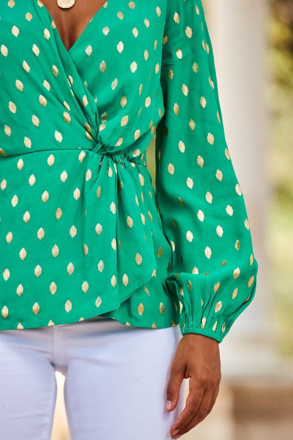 Green Metallic Fleck Print Blouson Sleeve Knot Front Top