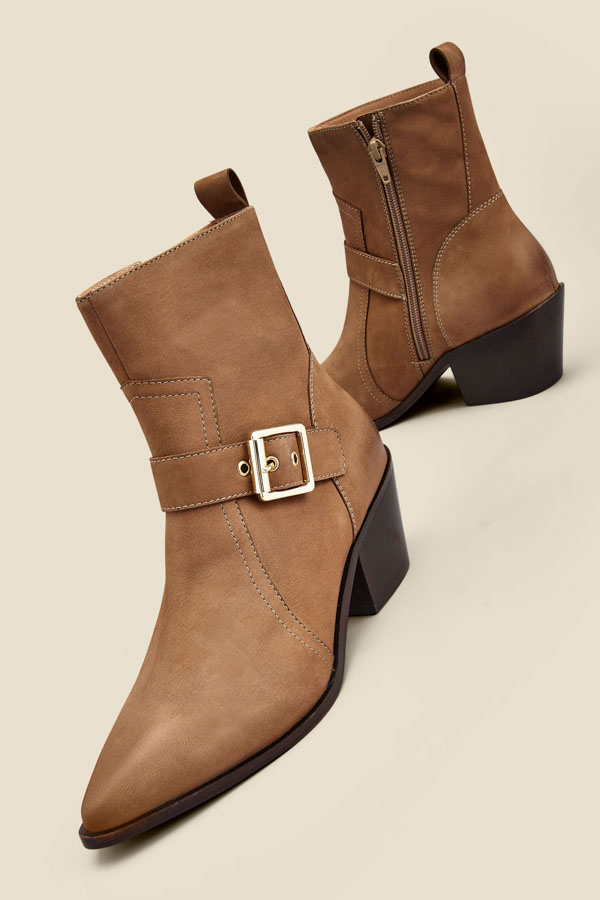 Taupe Leather Buckle Detail Western Ankle Boots