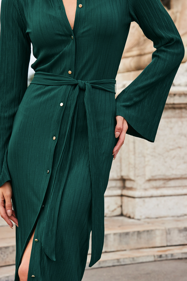 Dark Green Plisse Flared Sleeve Shirt Jersey Dress