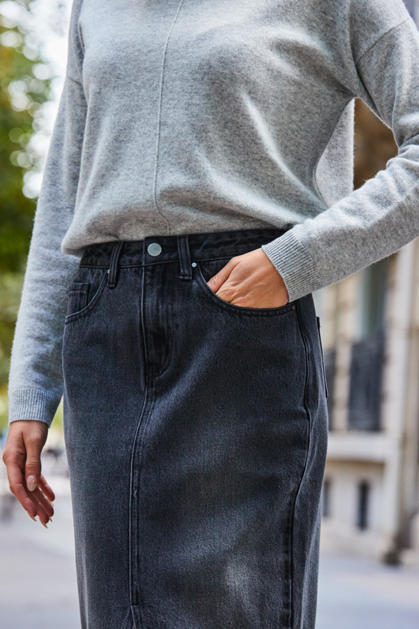 Charcoal Grey Longline Denim Midi Skirt